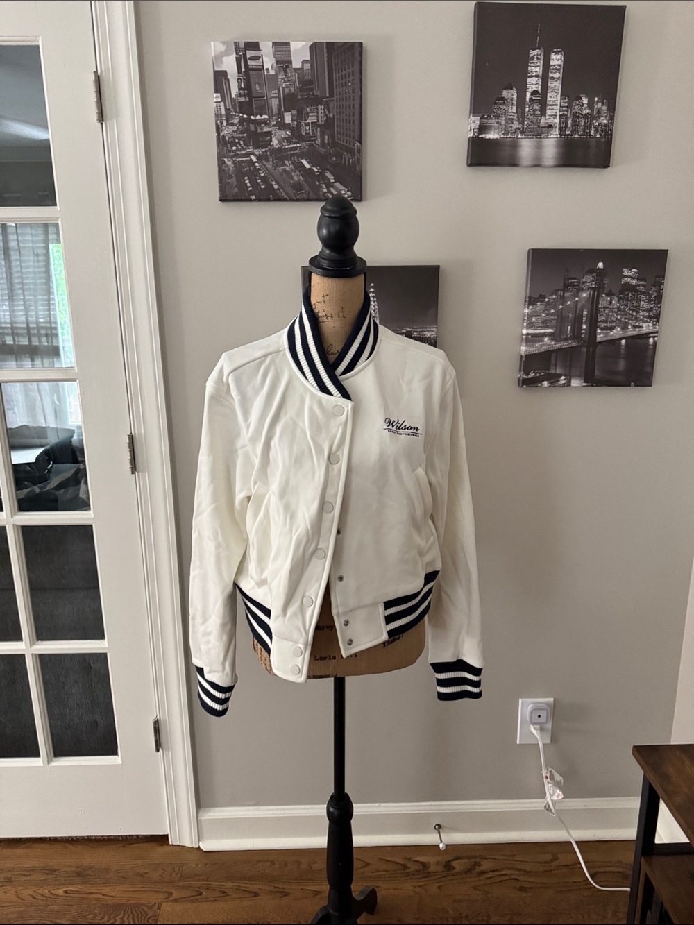 Wilson White Varsity Jacket with Navy Stripes